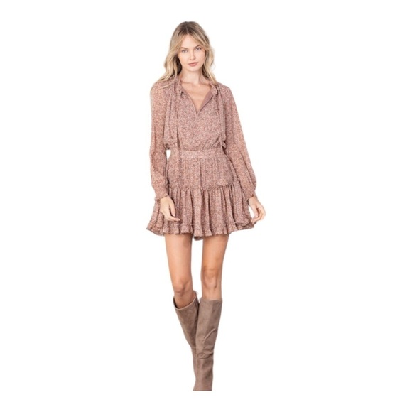 REVEROF Smocked Waist Ruffled Tie Neck Long Sleeve Boho Coquette Mini Dress L - Picture 1 of 16